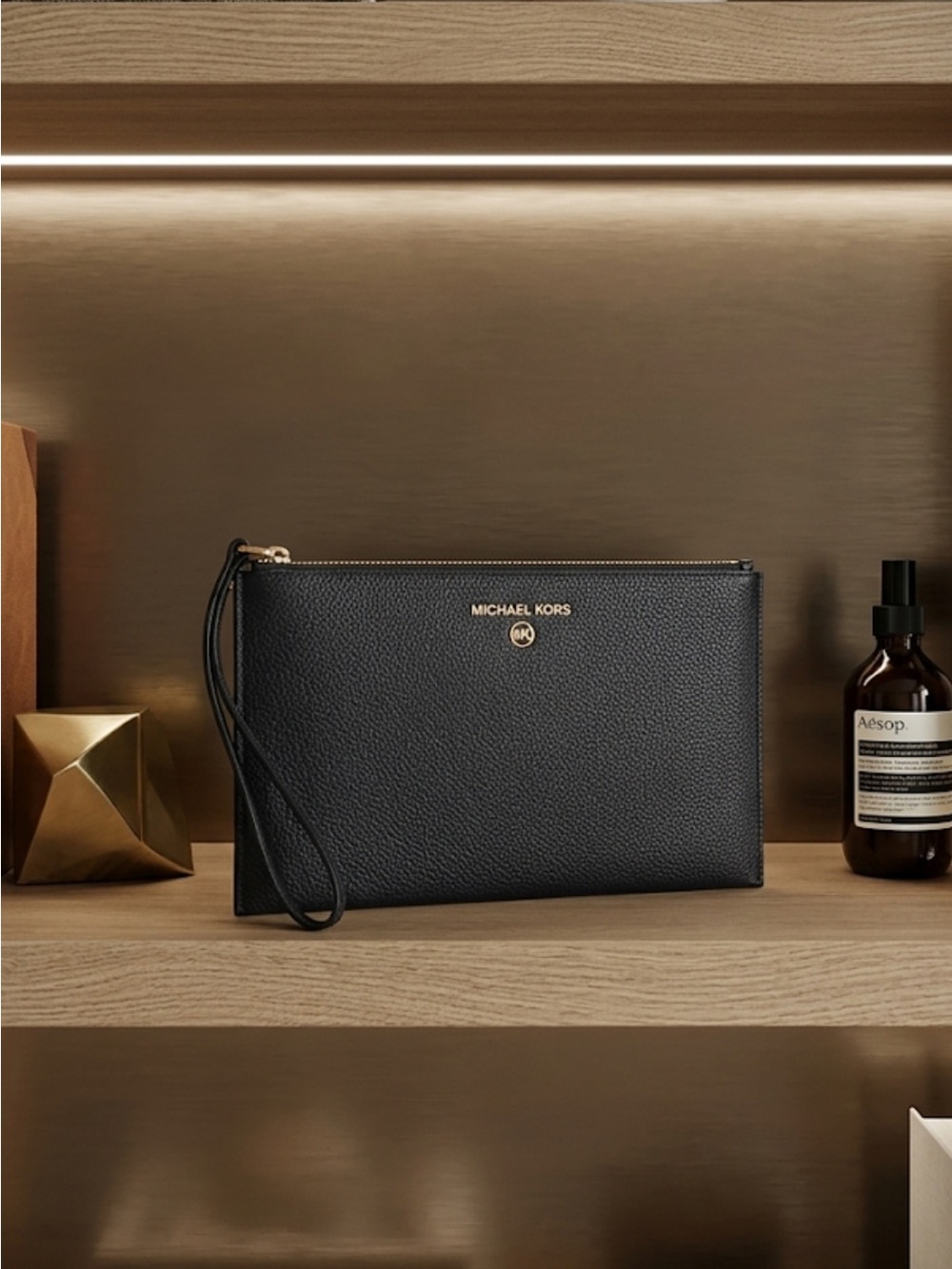Michael Kors Black Pebbled Leather Wristlet Clutch with Gold Hardware
